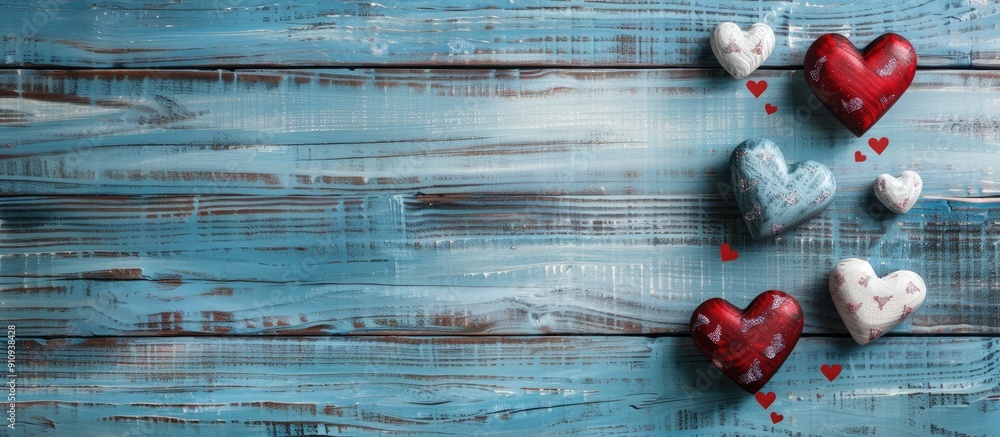 Poster valentine s day greeting card with hearts on a wooden background representing love with copy space i