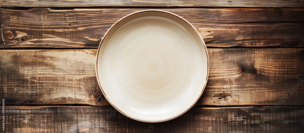 Fototapete Top view of an empty plate set on a wooden surface ideal for showcasing or combining with healthy items in a copy space image