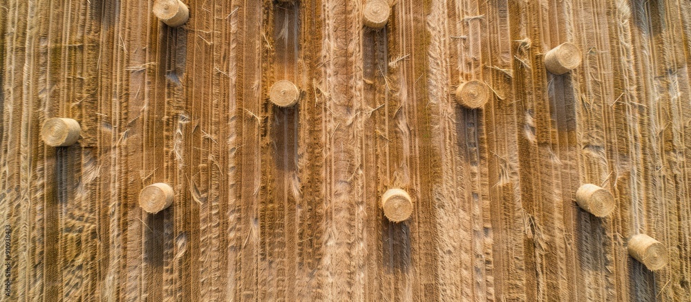 Aufkleber overhead perspective of hay bales on a clear harvested field with copy space image