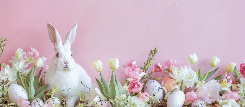Poster easter themed arrangement with bunnies eggs tulips and an area for text in the image. creative banne