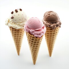 Three ice cream cones with assorted flavors on white background Generative AI