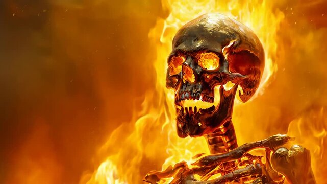 Terrifying Demon Skeleton Engulfed in Hellfire Flames Digital Art Midnight Horror Illustration