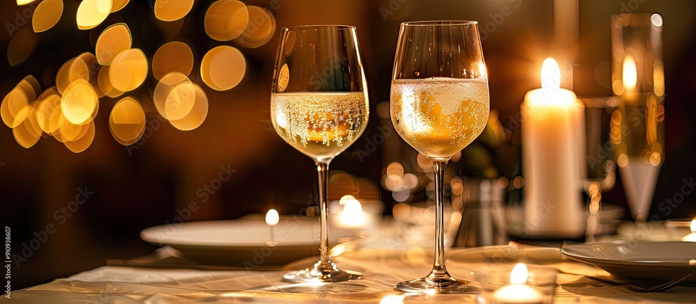 Poster romantic date with candlelit ambiance and white wine is set featuring a copy space image