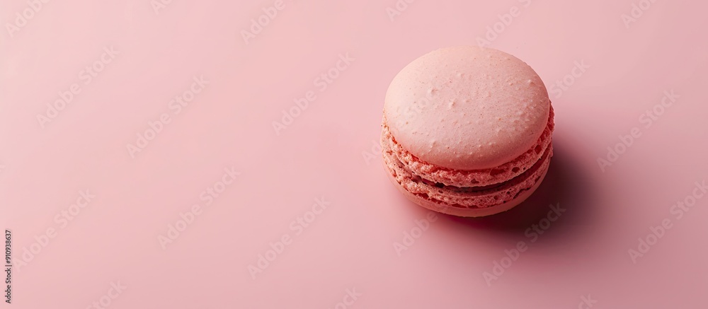 Aufkleber Top view of a pink macaroon biscuit on a pink background with copy space image emphasizing minimalistic food styling