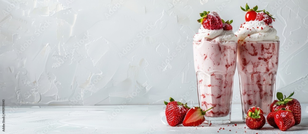 Poster white table with strawberry milkshake in glass glasses offering ample copy space in a horizontal ori