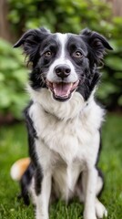Fototapeta premium Happy Border Collie dog sitting on grass in garden Generative AI