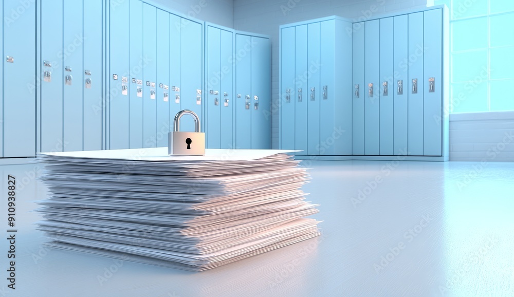 Poster a stack of documents with padlock symbolizing strength through information security