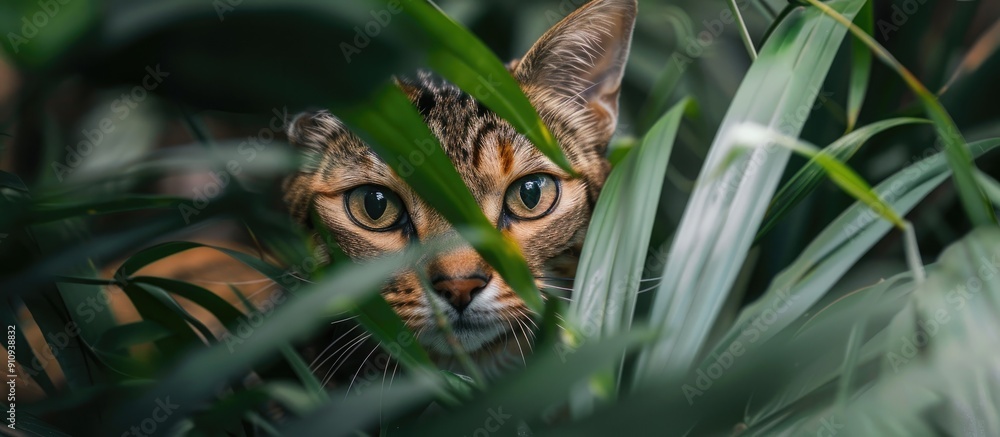 Poster feline peering from tall green foliage in a copy space image