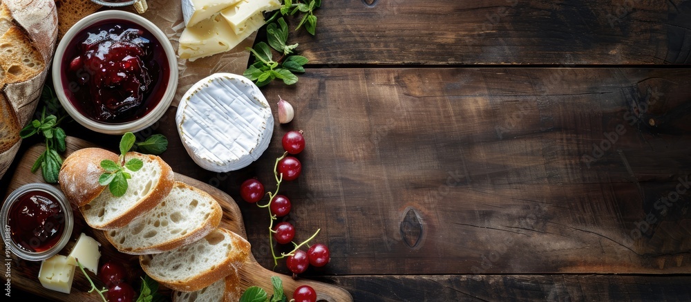 Aufkleber horizontal menu design featuring fresh bread camembert cheese and cowberry jam on a vintage dark woo
