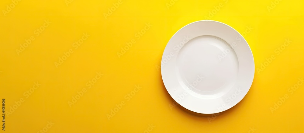 Poster Empty white plate on a yellow background with copy space image for text