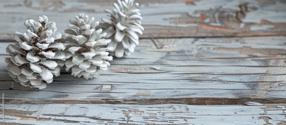 Poster three white painted pine cones as christmas decoration placed on an old rustic wooden table with cop