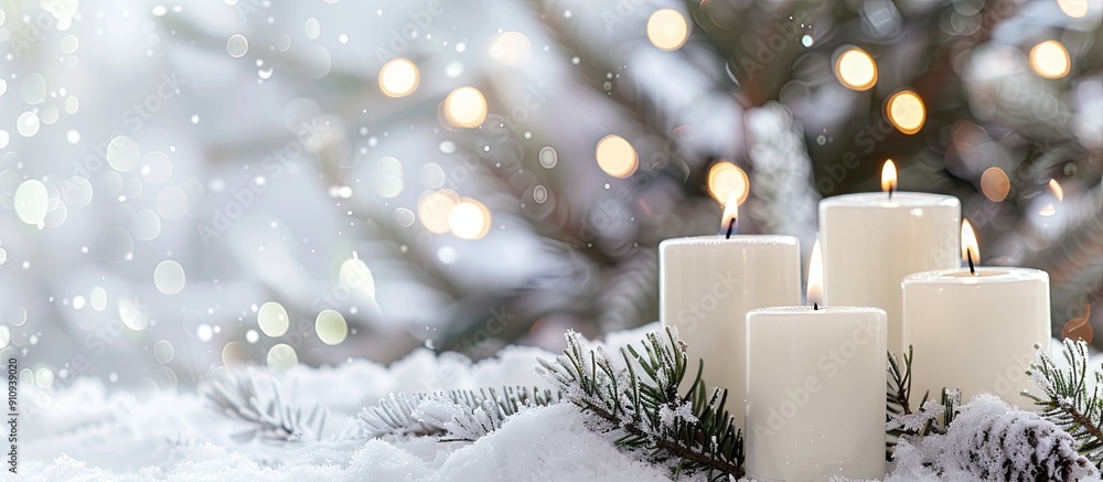 Poster white candles as part of a christmas decoration with copy space image for text or graphics
