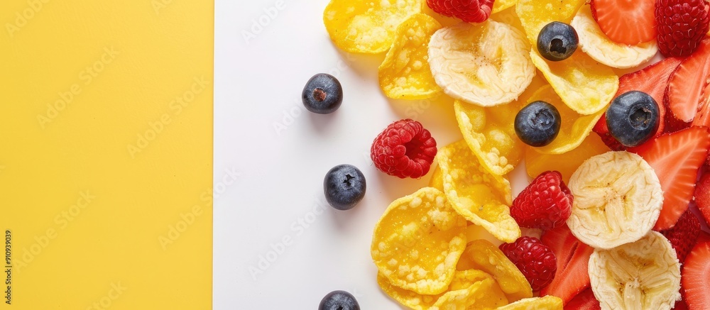 Poster fruit chips arranged on a white and yellow backdrop promoting healthy snacking with no added sugar s