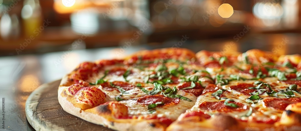 Poster a pizza on a restaurant table with copy space image