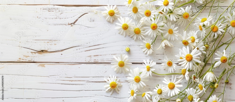 Poster mother s day greeting displayed with miniature daisies or bellium minutum on a white plank backgroun