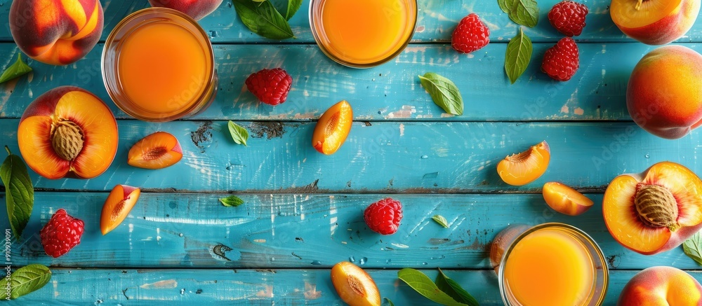Aufkleber flat lay of fresh fruits and natural peach juice on a blue wooden table with copy space image availa