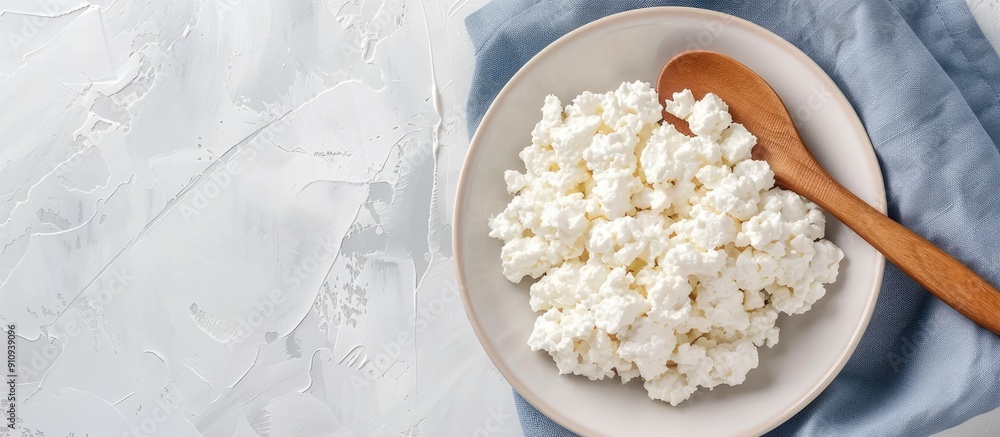 Poster soft cottage cheese on a blue napkin and white plate with a wooden spoon suitable for a diet is a he
