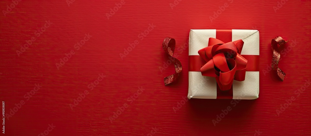 Leinwandbilder Top view photo showing a gift box with a bow on a red background ideal for adding text or other images in the open area. Creative banner. Copyspace image