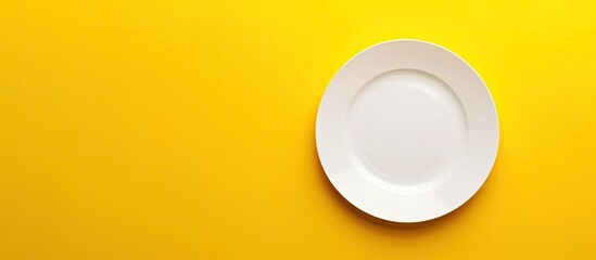 Empty white plate on a yellow background with copy space image for text
