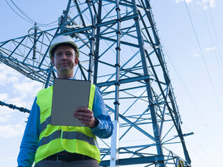 In a white helmet and reflective vest, an energy engineer with a tablet observes an electric tower and wires. The energy engineer is responsible for maintaining reliable power infrastructure.