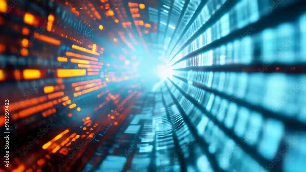 Poster futuristic binary data stream animation with glowing particles in blue and orange tunnel, technology
