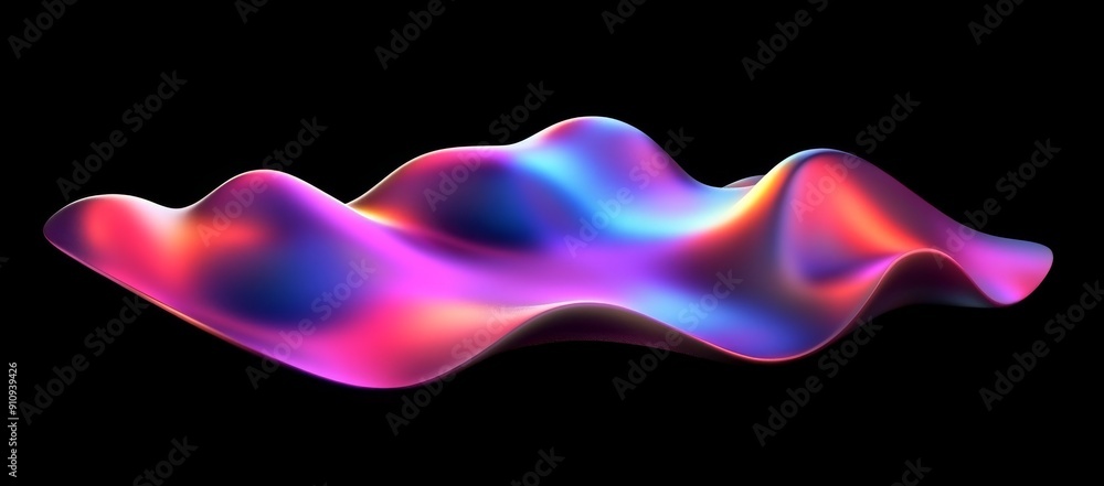Poster a large, holographic blob of liquid on a black background with distorted iridescent waves.