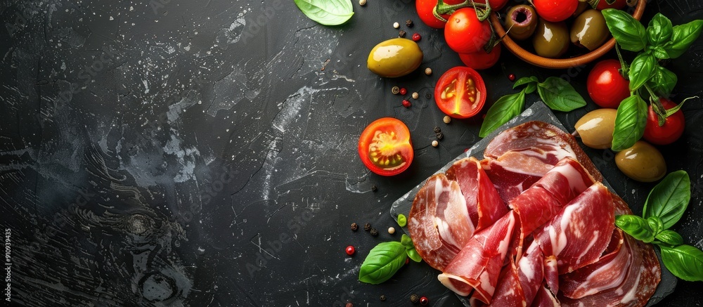 Poster Jamon with cherry tomatoes basil and olives on a black background in a top view image with selective focus and copy space available