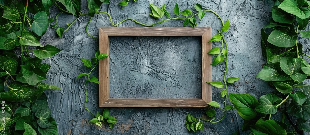 Aufkleber wooden picture frame surrounded by green plants on a weathered gray backdrop suitable for home decor