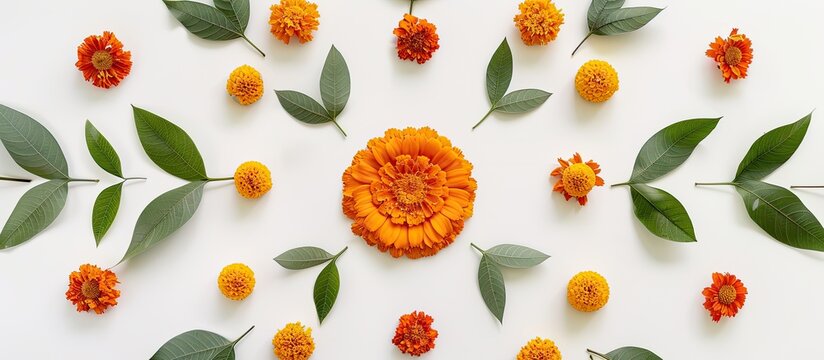 A floral rangoli designed with marigold or zendu flowers mango leaves on a white background featuring an open space in the center for text or graphics. Creative banner. Copyspace image