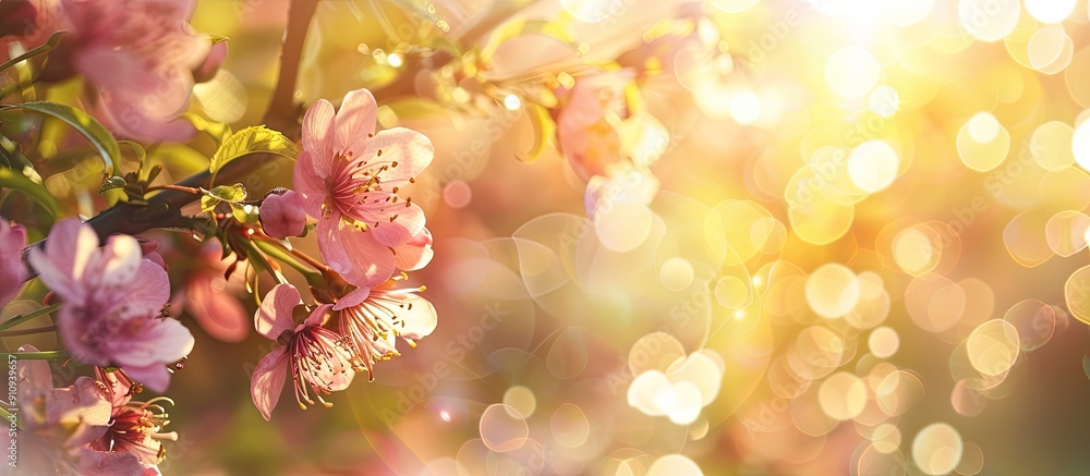 Aufkleber Background for spring showcasing spring flowers blossom in soft focus with sunlight A lovely nature scene featuring a blooming tree and sun flare ideal as a copy space image
