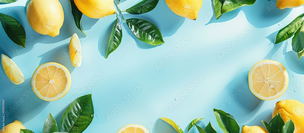Poster a fresh and trendy summer themed flat lay with lemon patterns on a bright light blue background with