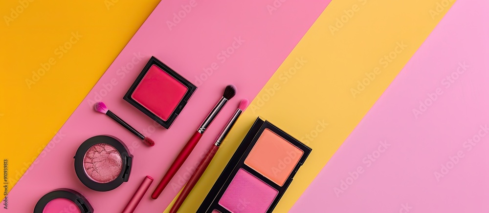 Poster vibrant makeup array on a pastel pink and yellow backdrop in a flat lay setup with a copy space imag