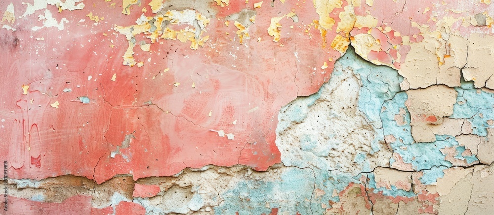 Poster abstract art form on old wall with peeling cracked plaster and faded paint creates a unique copy spa