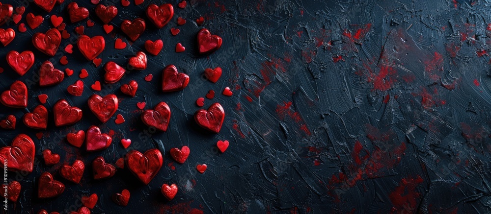 Poster A suitable backdrop for Valentine s Day messages featuring red hearts on a dark background with copy space image