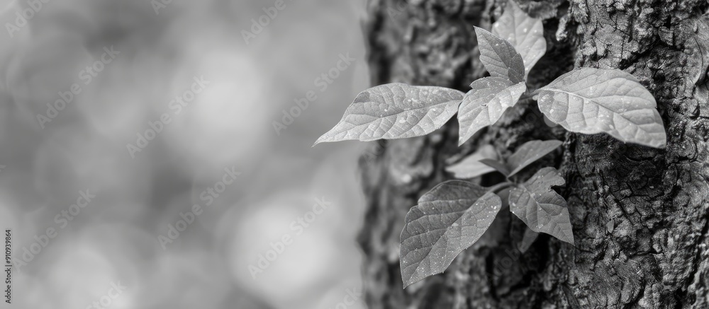 Fototapete monochrome image of fresh leaves sprouting on aged tree with copy space image