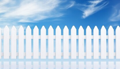Fototapeta premium A white fence made of vertical slats is set against the blue sky