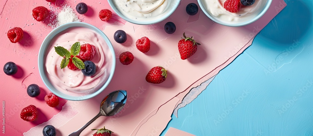 Poster Space for text on pink and blue background with bowls filled with yogurt berries spoons and a glass suitable for insertion of a copy space image