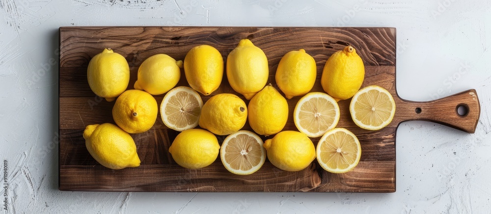 Poster fresh lemons arranged on a wooden cutting board in a flat lay composition with copy space image