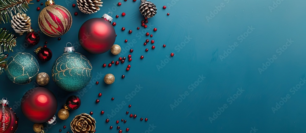 Poster overhead shot of christmas ornaments on a blue backdrop capturing the essence of the new year celebr