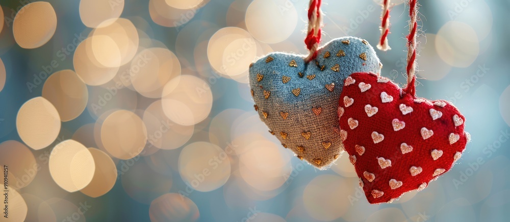Poster Heart shaped handmade decorations hanging on a string with a blurred background creating a festive Valentine s Day themed copy space image