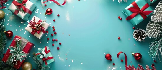 Festive Merry Christmas and Happy New Year greeting card with gift boxes snowballs decorations and a turquoise background for copy space image
