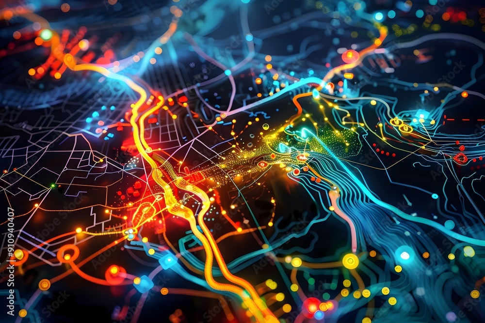 Poster digital city map with glowing lines and points.