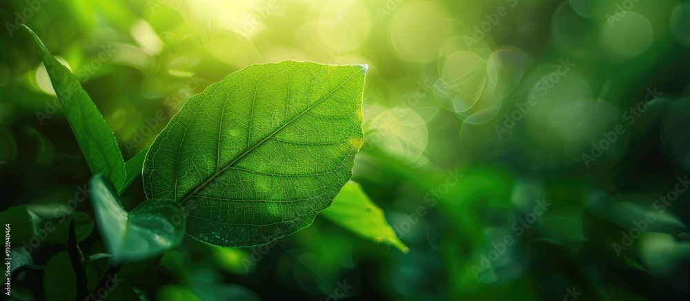 Poster scenic green leaf with soft focus green backdrop in a garden bathed in sunlight for a fresh wallpape