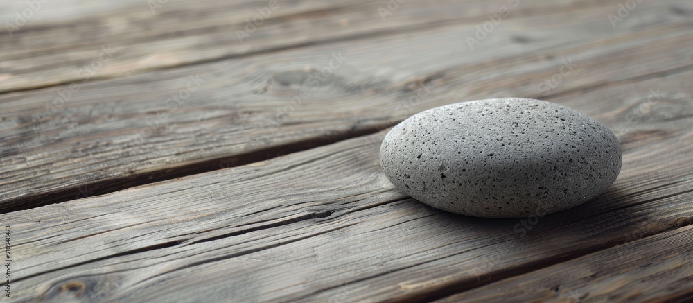 Poster A Zen spa stone placed on a simple wooden surface with ample copy space image available