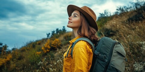 Naklejka premium Woman with hat and backpack