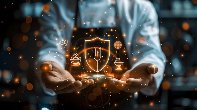 Chef holds a virtual shield with a spatula icon in one hand and a virtual cookbook icon with the other minimalistic drawing drawing without light