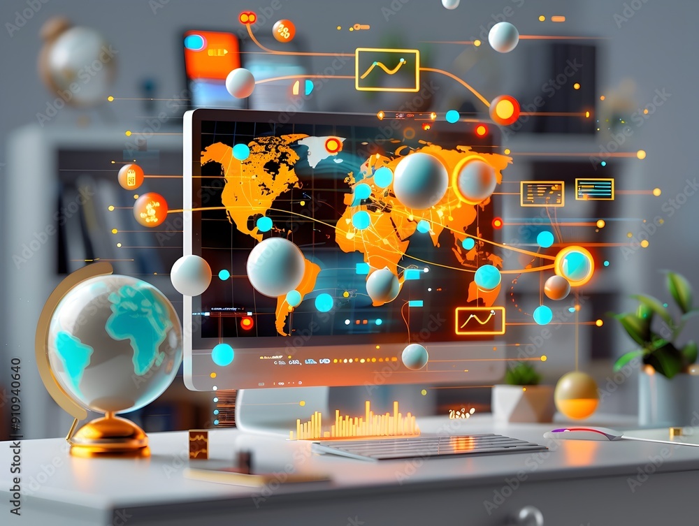 Poster global network and data visualization on computer screen.