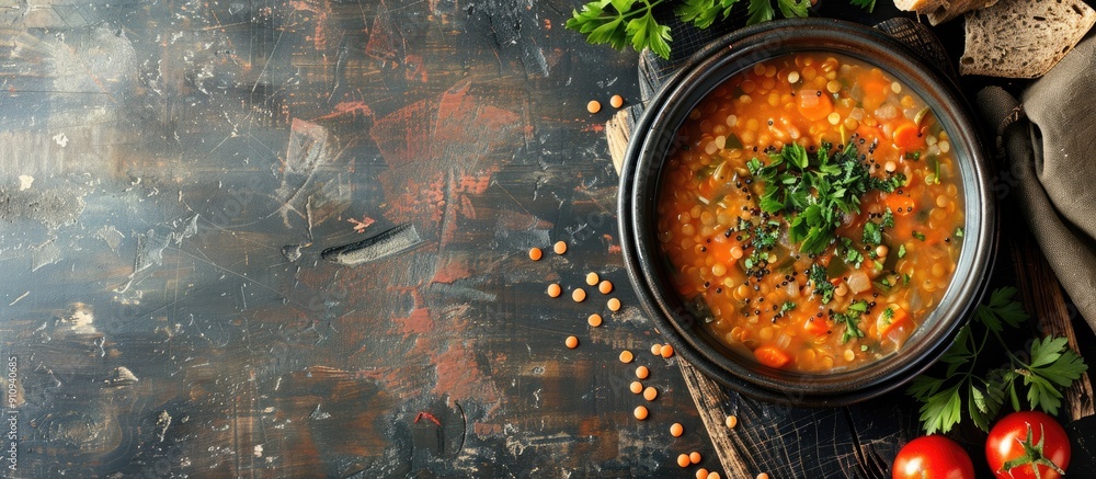 Sticker Top view of lentil soup on a rustic vintage table with space for additional images