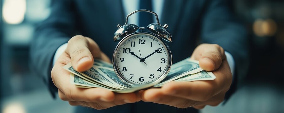 Businessman show   icon of clock and money