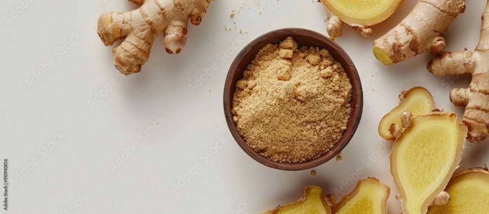 Fototapete Top view of ground ginger in a small bowl next to fresh ginger root slices on a white background ideal for showcasing with empty space in the image. Creative banner. Copyspace image